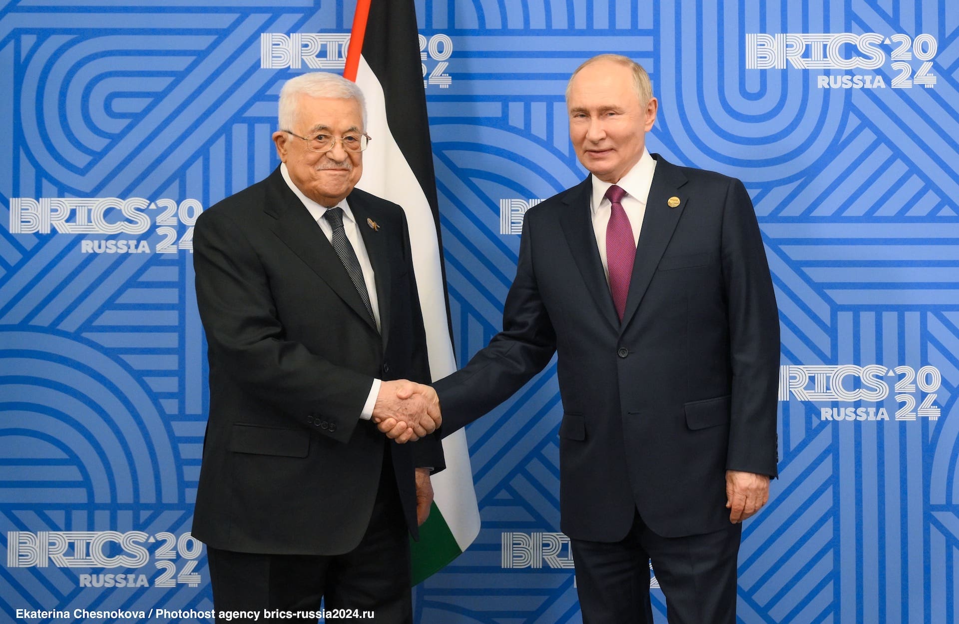 16th BRICS Summit. Meeting of President of Russia Vladimir Putin with President of Palestine Mahmoud Abbas